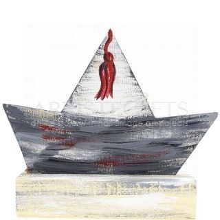 Ξύλινο Καράβι με Ζωγραφισμένη Κόκκινη Φούντα